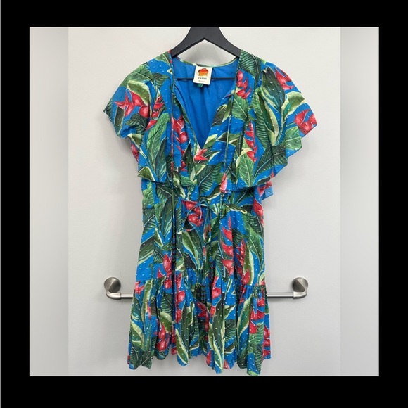 Farm Rio Dream Garden Mini Dress Ruffle Tassel Tie size Small in Blue Swiss Dot - Picture 10 of 12